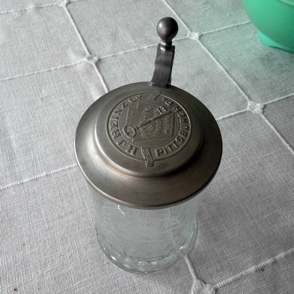 Antique Heinz Etched Glass Beer Stein with Pewter Lid